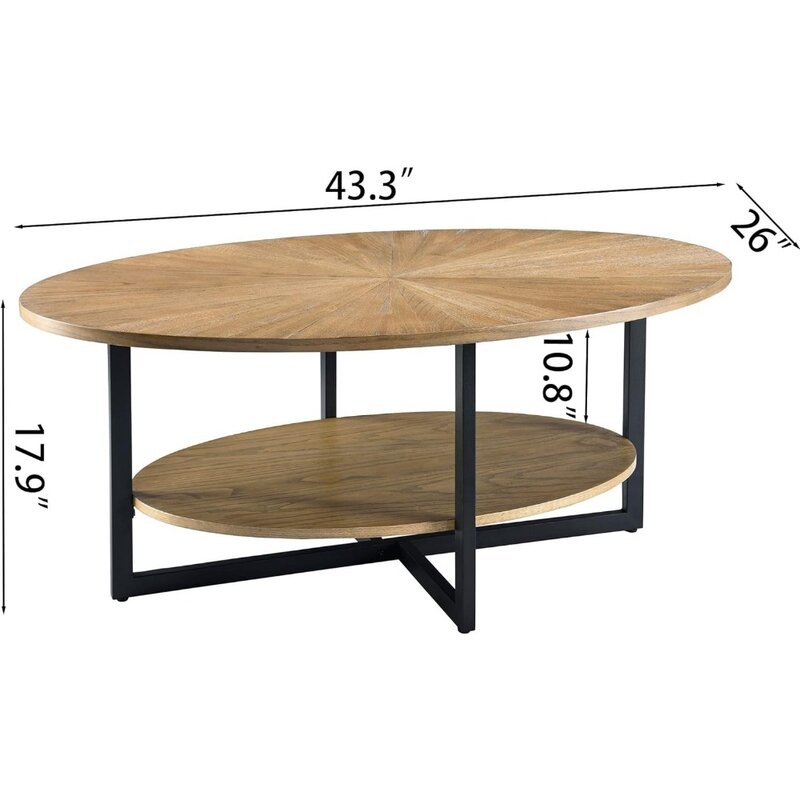 โต๊ะกาแฟทำจากไม้จริงทรงไข่พร้อมขาโลหะแบบไขว้โต๊ะ43.3in พร้อมชั้นวางเปิดโต๊ะน้ำชาค็อกเทลสำหรับห้องรับแขกห้องนอน