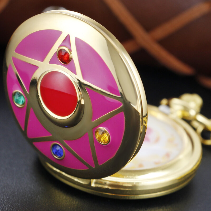 Gold Exquisite Girl Magic Quartz Pocket Watch Five Star Gem Fob Chain Clock Men's Children's Necklace Pendant Gift