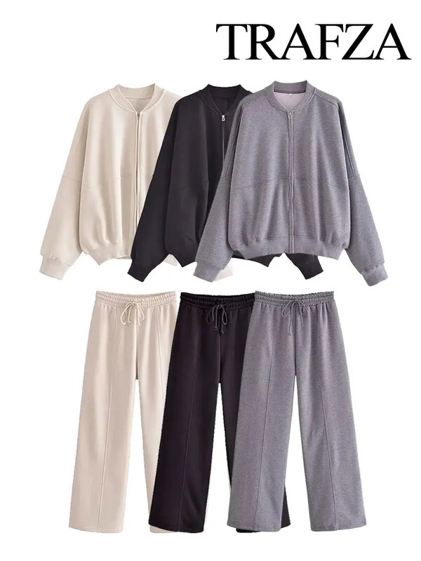 TRAFZA-Conjunto de sudadera con cremallera para mujer, chaqueta forrada de lana cálida, pantalones elásticos de cintura alta, conjunto de 2 piezas, Invierno