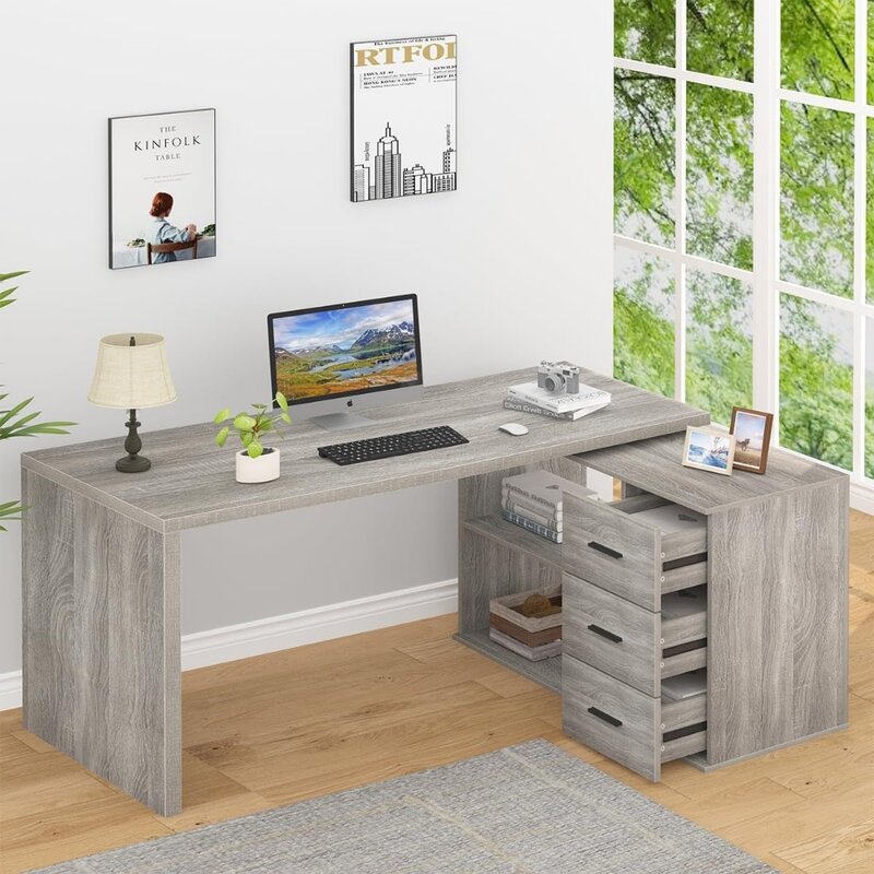Meja kantor bentuk L dengan laci, meja komputer sudut bolak-balik kayu abu-abu, meja berbentuk L besar dengan kabinet penyimpanan