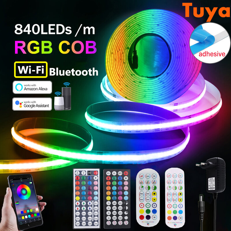 TV 백라이트 룸 장식 조명용 유연한 테이프, RGB COB LED 스트립, 투야 와이파이 블루투스 리모컨, DC 12V, 24V, 840LEDs/m