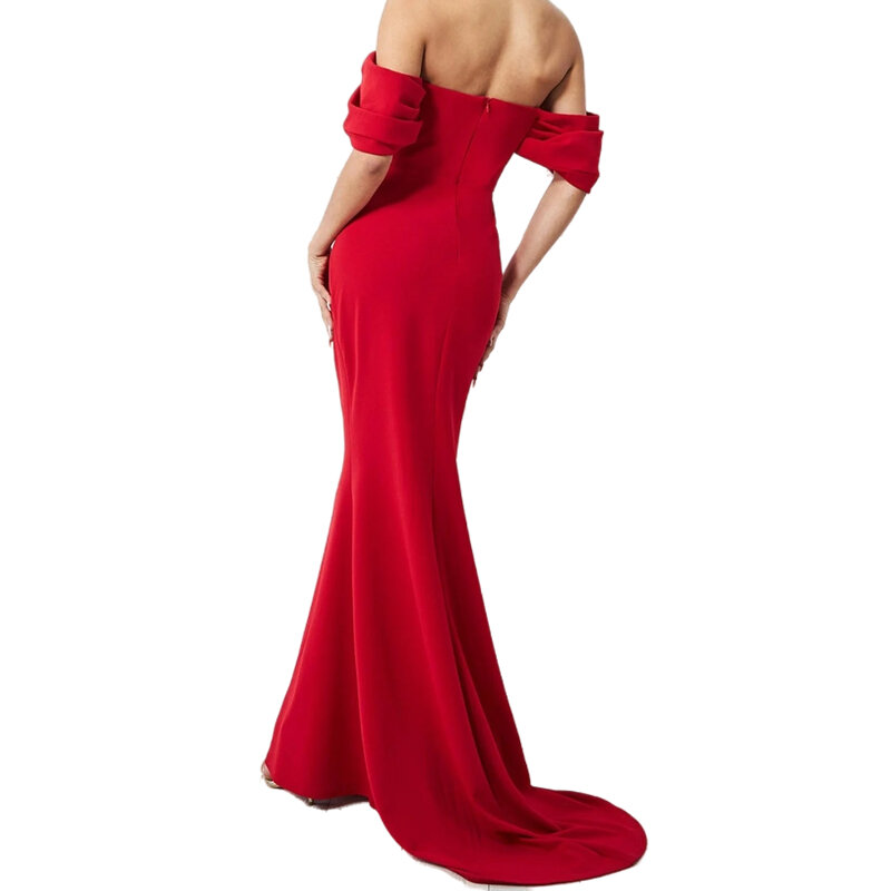 สีแดงคนดังชุดราตรี Off ไหล่ Drap แขนซาตินยาว Mermaid Prom โอกาสชุดผู้หญิงแผนกต้อนรับบริการชุดเดรสปาร์ตี้2023
