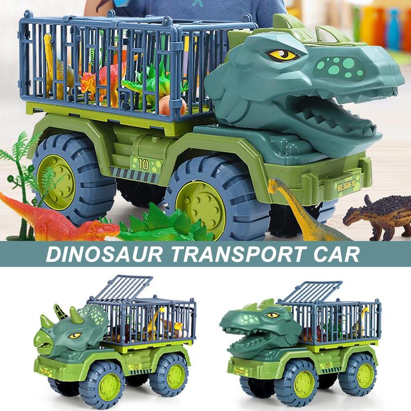 Coche de transporte de dinosaurio para niños, vehículo de ingeniería, camión transportador, juguetes de dinosaurios, regalos de cumpleaños con 3 dinosaurios O5X9