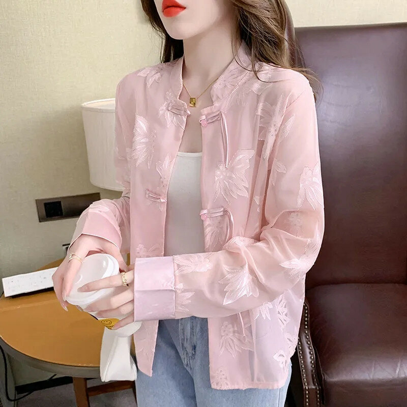 Gaya Cina Jacquard kancing perlindungan matahari pakaian wanita 2024 musim panas mode baru serbaguna mantel tipis bernapas kemeja jaket