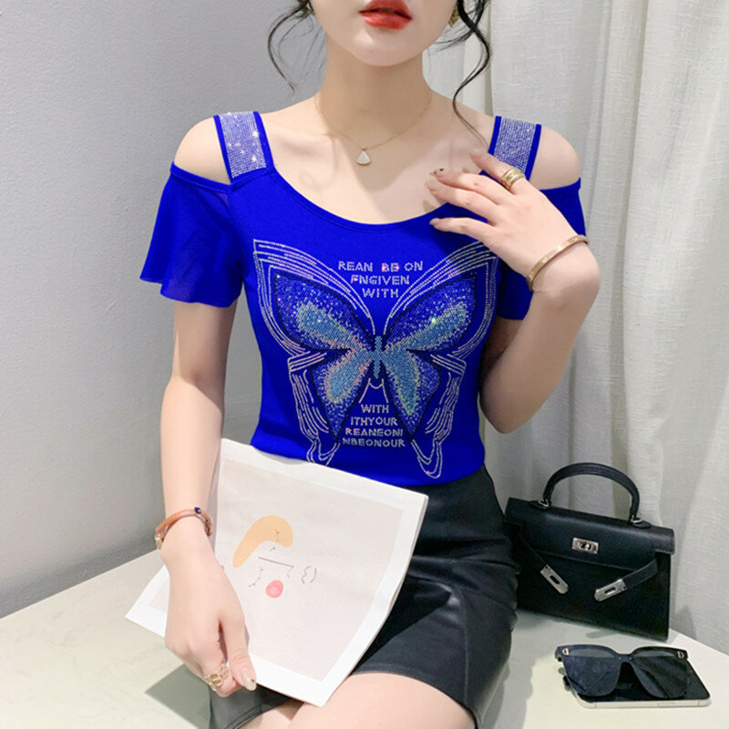 M-3XL Size Women Fashion Butterfly Letter Shiny Diamonds T-Shirt Design Sexy Off Shoulder Blouse Summer Ladies Tees Tops