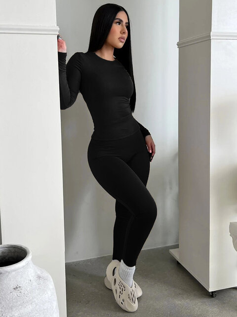 Sexy T-Shirt Pants 2 Piece Set O Neck Long Sleeve Solid Bodycon Casual Streetwear Sports Gym Tracksuit 2023 Fall Winter