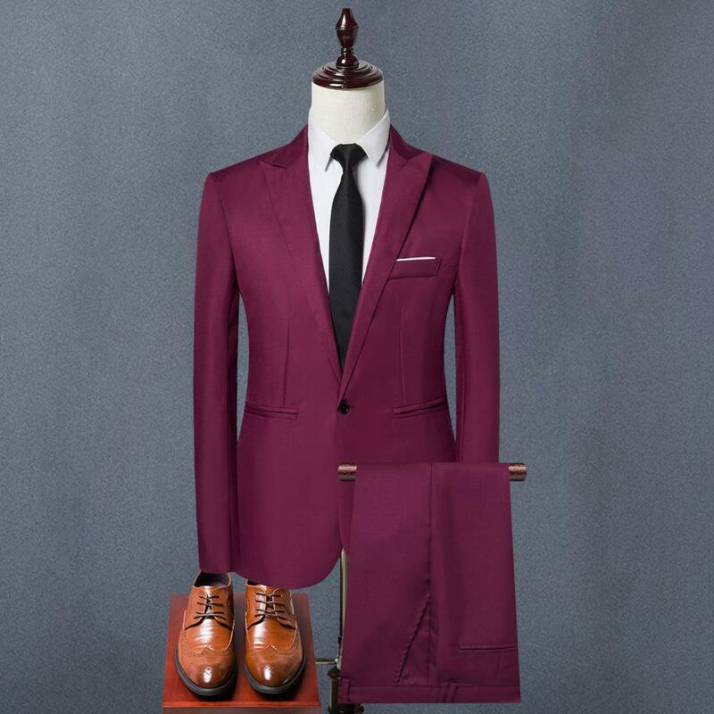 Conjunto de vestuário de negócios masculino, calça slim fit de cintura média, traje profissional elegante, lapela moderna, cor sólida