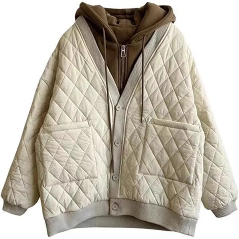 2023 New Thickened Warm Cotton-Padded Women Autumn Winter Fake Two-Piece Rhombic Hooded Top Cotton-Padded Jacket Coat Female