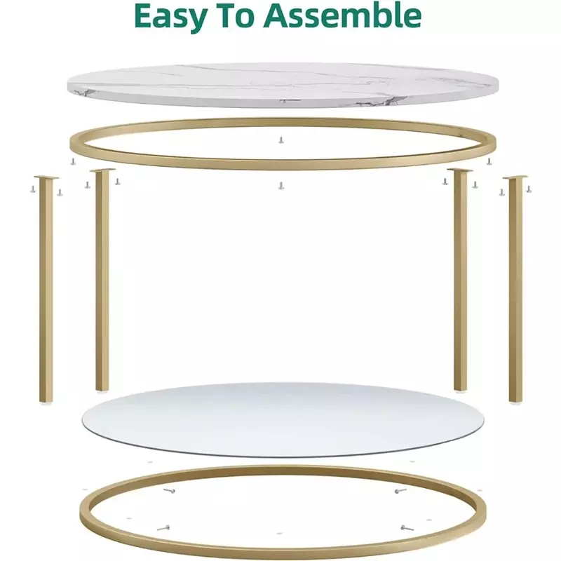 โต๊ะกาแฟทรงกลม2ชั้นโต๊ะกลางหินอ่อนโต๊ะค็อกเทลพร้อมกระจกชั้นวางของเปิดสีขาวและสีทอง