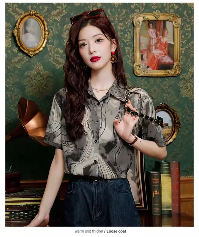 YCMYUNYAN-Blusa de Chiffon Vintage feminina, tops soltos, mangas curtas, roupas da moda, verão