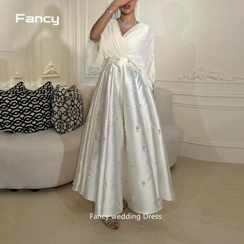 Fancy Ivory V-Neck Beading A-LINE Satin Evening Dress Saudi Arabia 2024 Slim Chiffon Long Sleeve Ankle-Length Prom Dress