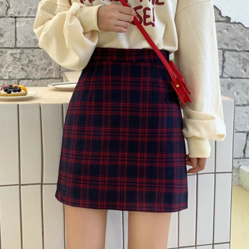 Korean Style Slim Fashion Vintage Preppy Student Street Chic Faldas Elegant Skirts Women Plaid A-line Hip-skirt All-match