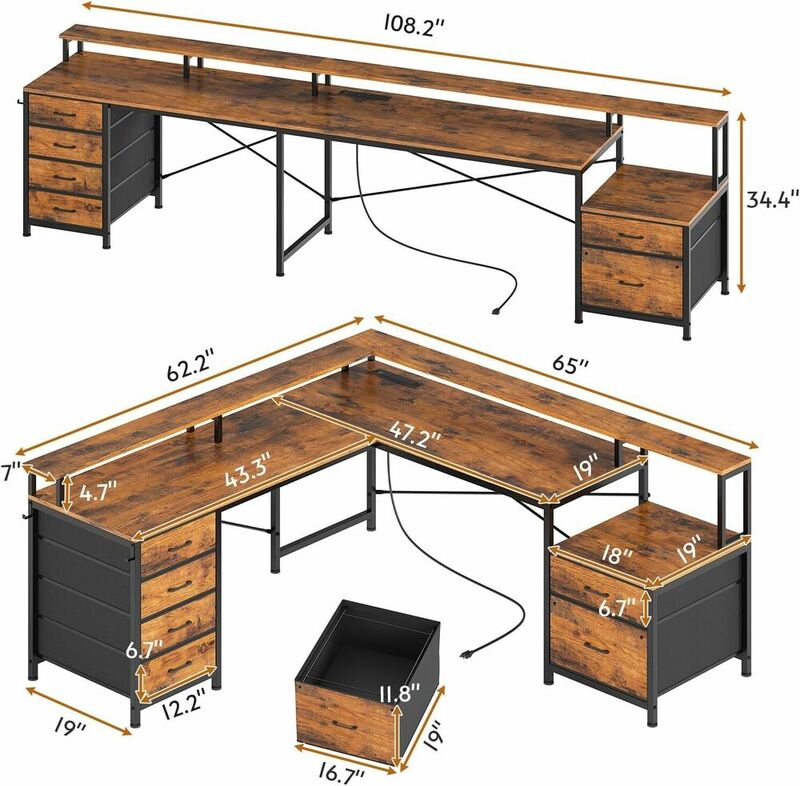 L자형 책상, 서랍 6 개, 홈 오피스, 파일 서랍 코너 컴퓨터 책상