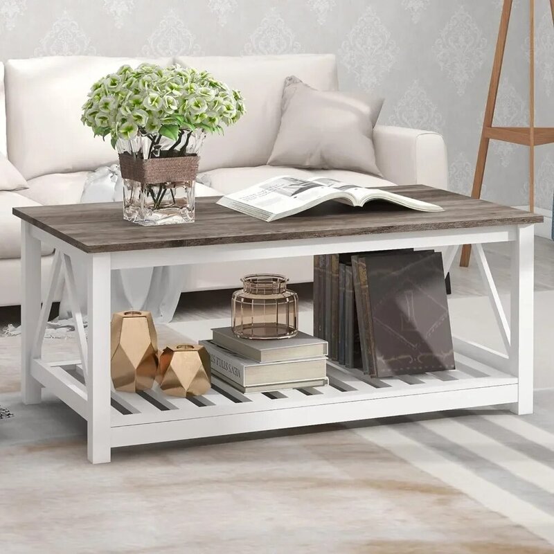 Farmhouse Coffee Table for Living Room,2-Tier Rectangular Wooden Centre Cocktail Table with Slats Shelf Storage and V-Shaped