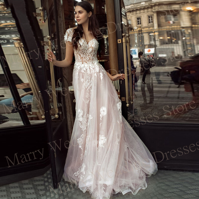 2024 Popular Vintage A Line Women's Wedding Dresses Modern Appliques Lace Bride Gowns Button Illusion Beach Vestidos De Novias
