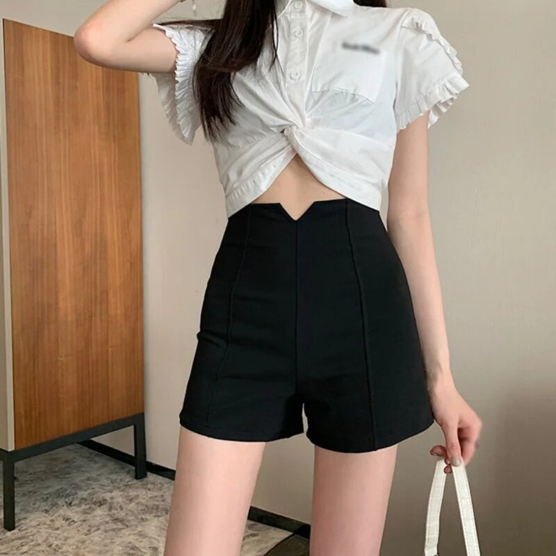 Pantalones cortos de cintura alta para mujer, pantalones adelgazantes, elásticos de poliéster, estilo coreano, Sexy, glamoroso, nuevo