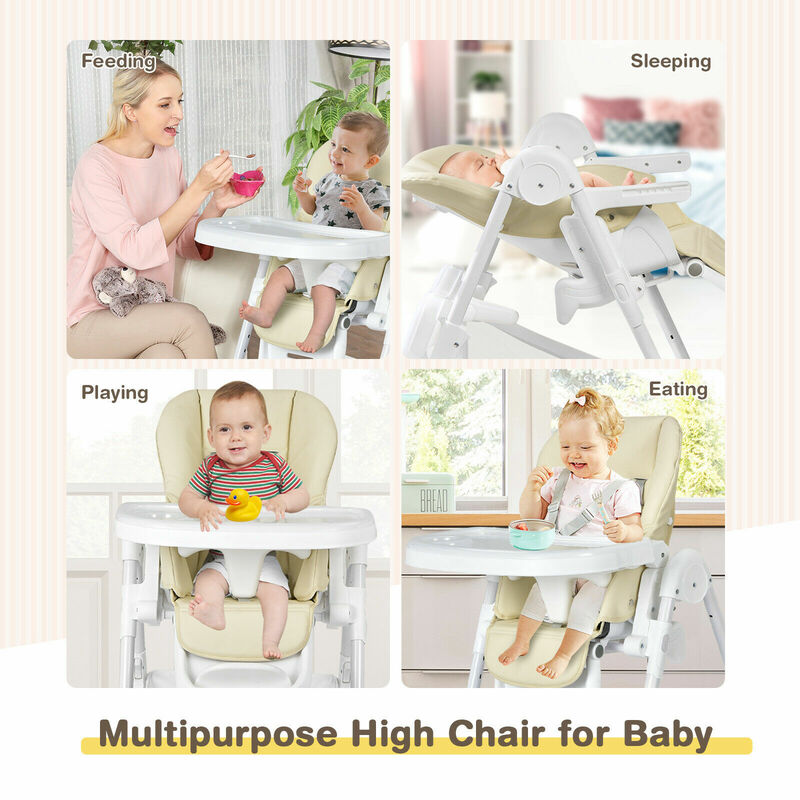 Baby Convertible Folding Adjustable High Chair w/Wheel Tray Storage Basket Beige  AD10007BE