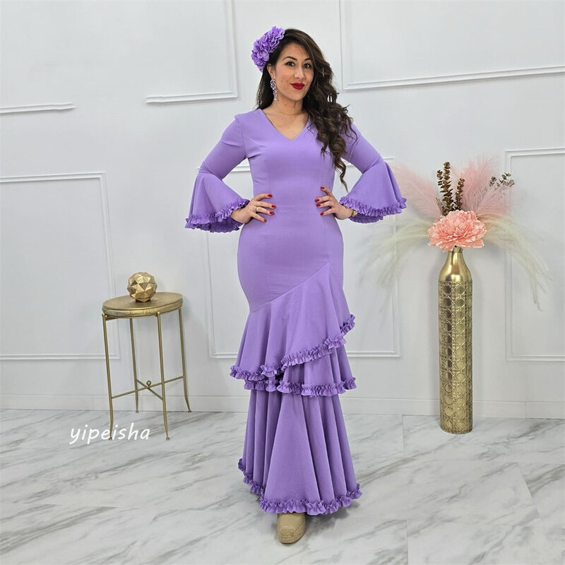 Gaun malam gaya Saudi Jersey lipit Ruffle ulang tahun A-line leher V Bespoke gaun acara gaun Midi
