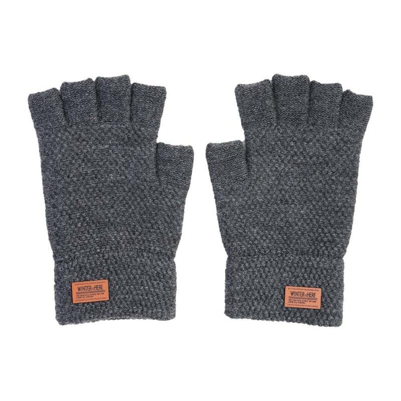 Guantes gruesos sin dedos para hombre, guantes de lana de Alpaca de punto, guantes de conducción de medio dedo, mitones de invierno con etiqueta de cuero, gris oscuro