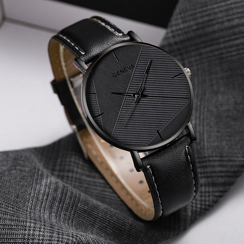 Conjunto de 3 piezas para Hombre, Reloj de pulsera de cuarzo, con cuentas negras, correa de cuero