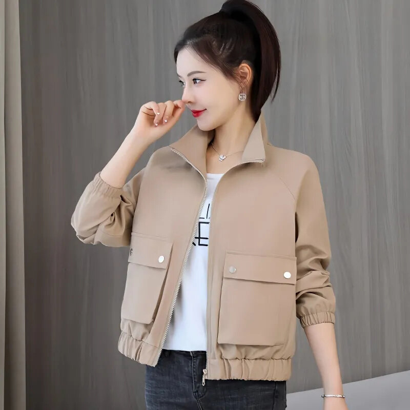 Spring Autumn Short Casual Jacket Women 2024 New Loose Stand-Up Collar Coat  Pure Colour Top Fashion Pocket Outerwear Female