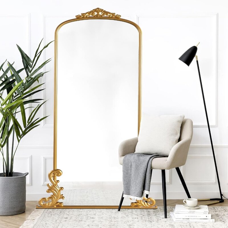 Espejo arqueado Vintage de longitud completa, marco de Metal tallado, espejo de suelo para decoración del hogar, entradas de baño, espejos sin carga