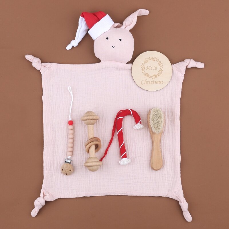 6 pçs conjunto de presente de natal do bebê material do bebê recém-nascido cartão de natal algodão apaziguar toalha chupeta clipe de corrente escova de cabelo