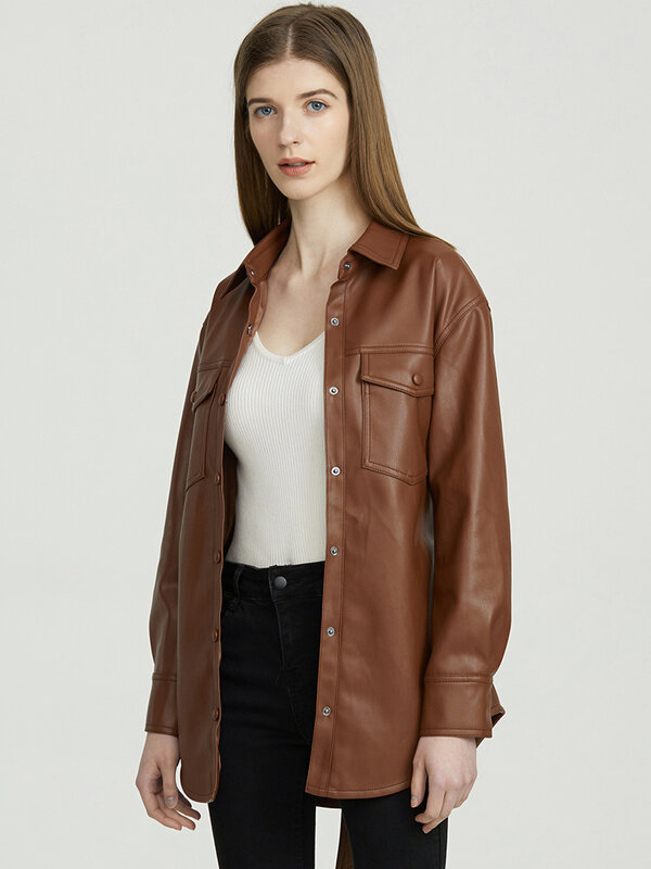 Nowa jesienna damska PU Faux Leather Lagabogy kurtka płaszcz w stylu Vintage z długim rękawem bluzka koszula skórzana kurtka damska odzież wierzchnia eleganckie koszule