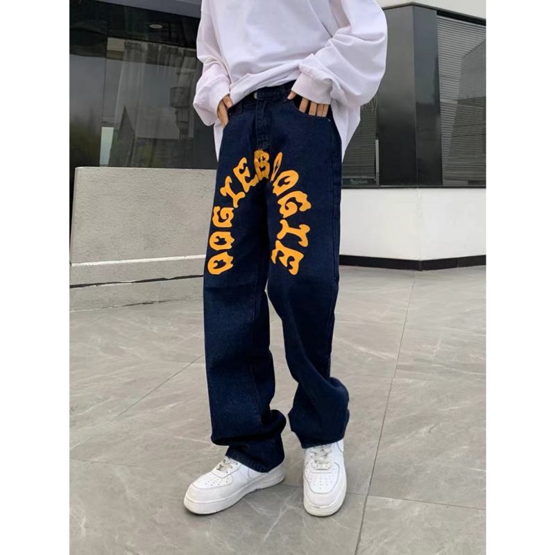 Y2K Jeans stampati con motivo a teschio da uomo Harajuku New American Style Retro Street Hip Hop pantaloni larghi Casual a gamba dritta