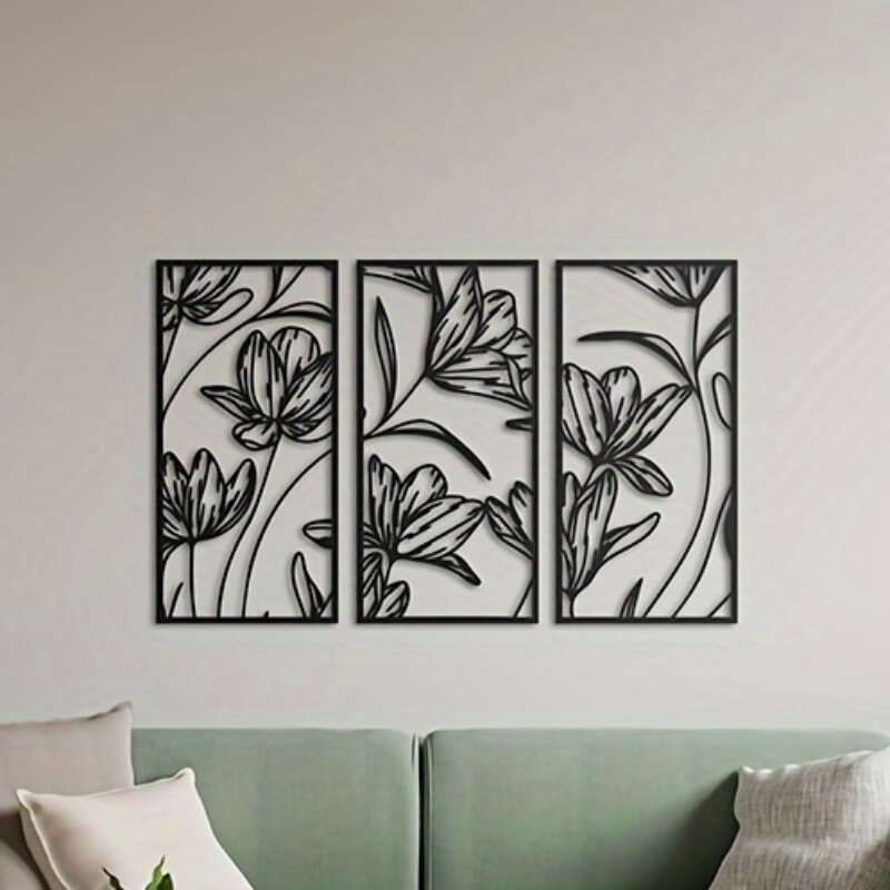 Art mural de fleurs abstraites en métal noir, ligne moderne, décoration murale minimaliste pour la maison, 3 pièces, 12 pièces