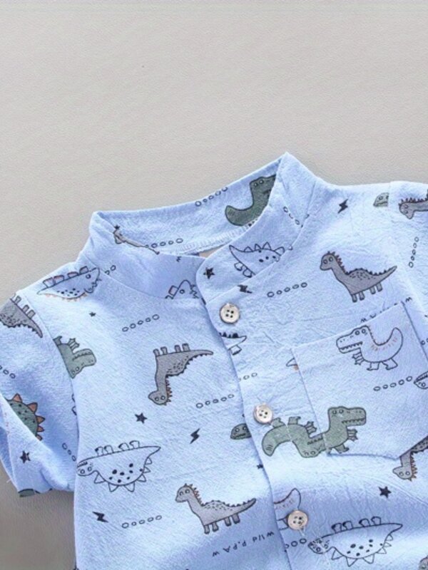 Infant and toddler summer full print small dinosaur pattern short sleeved shorts set, outdoor standing collar shirt, fashionable
