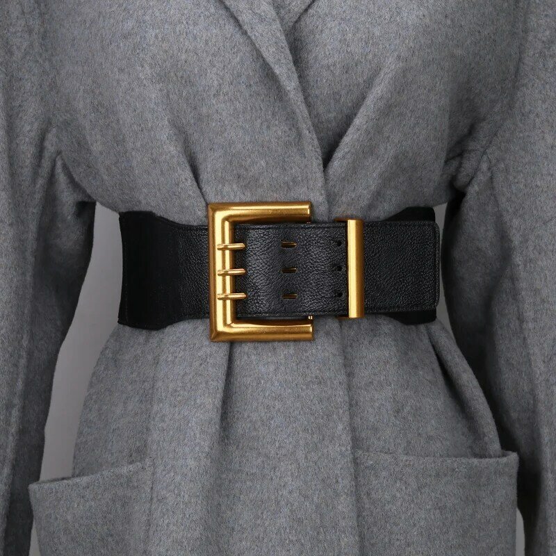 女性用合成皮革ベルト,大きな伸縮性のあるベルト,ヴィンテージファッション,四角いピン合金,バックル付きウエストシール,コート,セーター