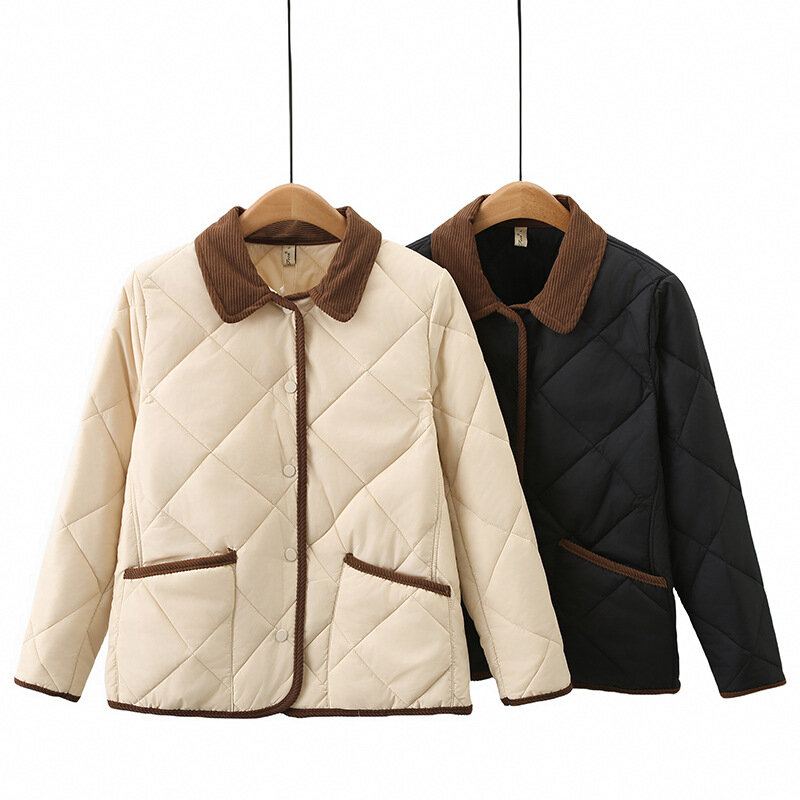Jaket parka Musim Dingin Wanita, ukuran Plus musim dingin kasual pakaian warna memblokir kerah Padded jaket Argyle S52 8212