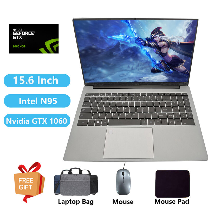 Laptop Gaming com placa gráfica, NVIDIA GTX1060, Computador Windows 11, Notebooks escolares, Intel N95, 32GB RAM, 1TB, RJ45 Netbook, 2024