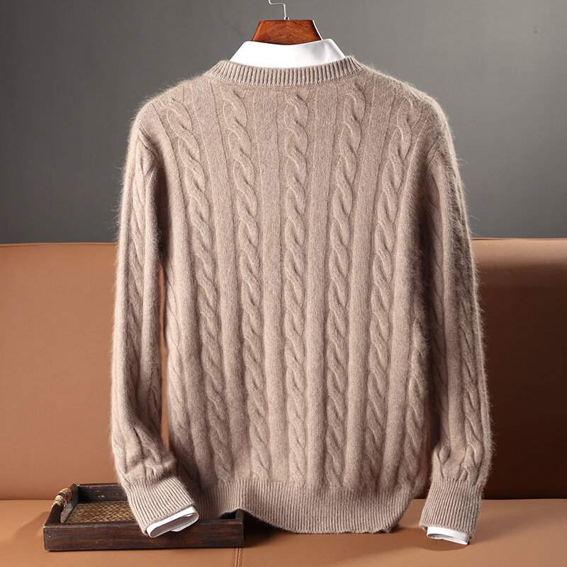 100% w 100% z futra norek swetry kaszmirowe męski sweter z okrągłym dekoltem i dekoltem jesienno-zimowym z dzianiny w stylu Casual duże topy typu Twist