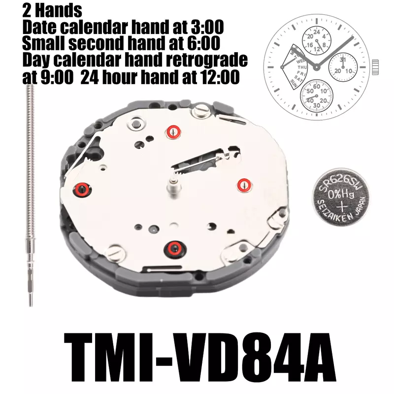 Movimento VD84 Multi-Eye, Movimento Tmi, 2 Mãos, Dia, Data, 24 hr, Pequeno seg, Tamanho 10, Altura 3,45mm