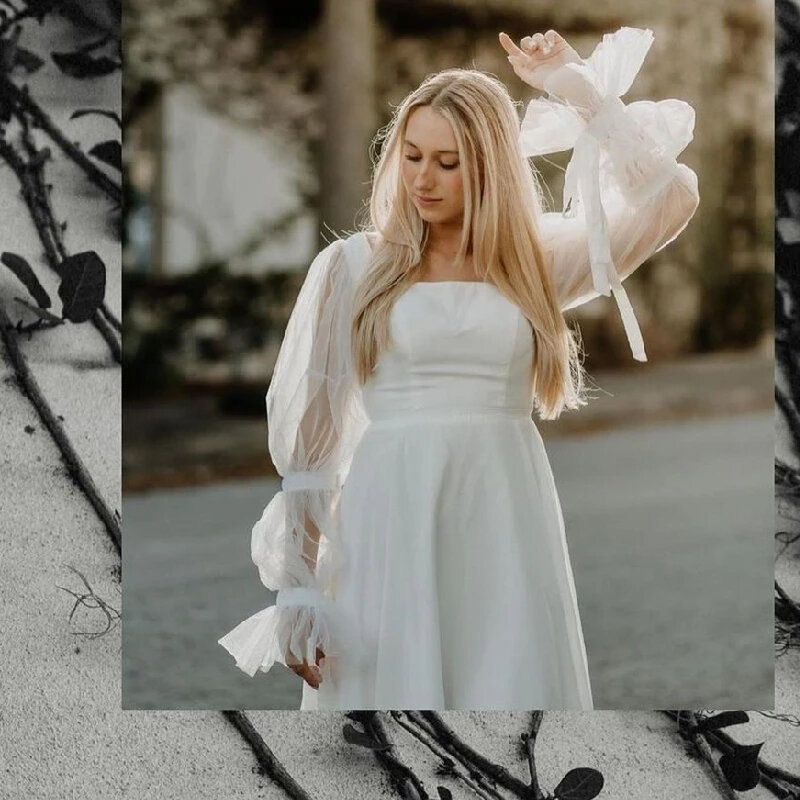 Женское Короткое свадебное платье, простое Тюлевое платье с квадратным вырезом, длинными пышными рукавами и открытой спиной, с лентой, на заказ