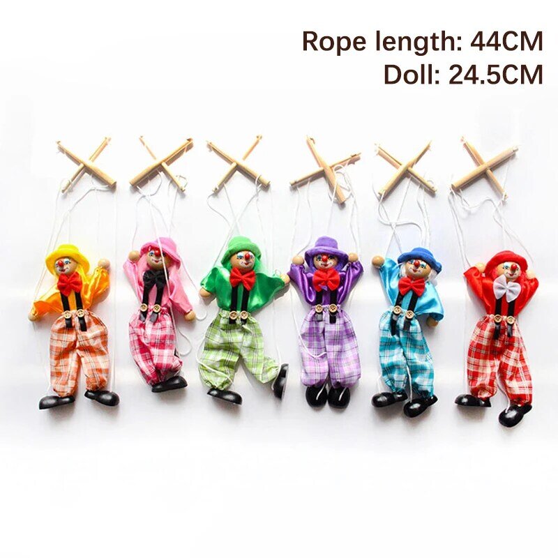 Boneka tali tarik warna-warni lucu, mainan kerajinan tangan Marionette kayu badut, boneka aktivitas gabungan, hadiah anak-anak