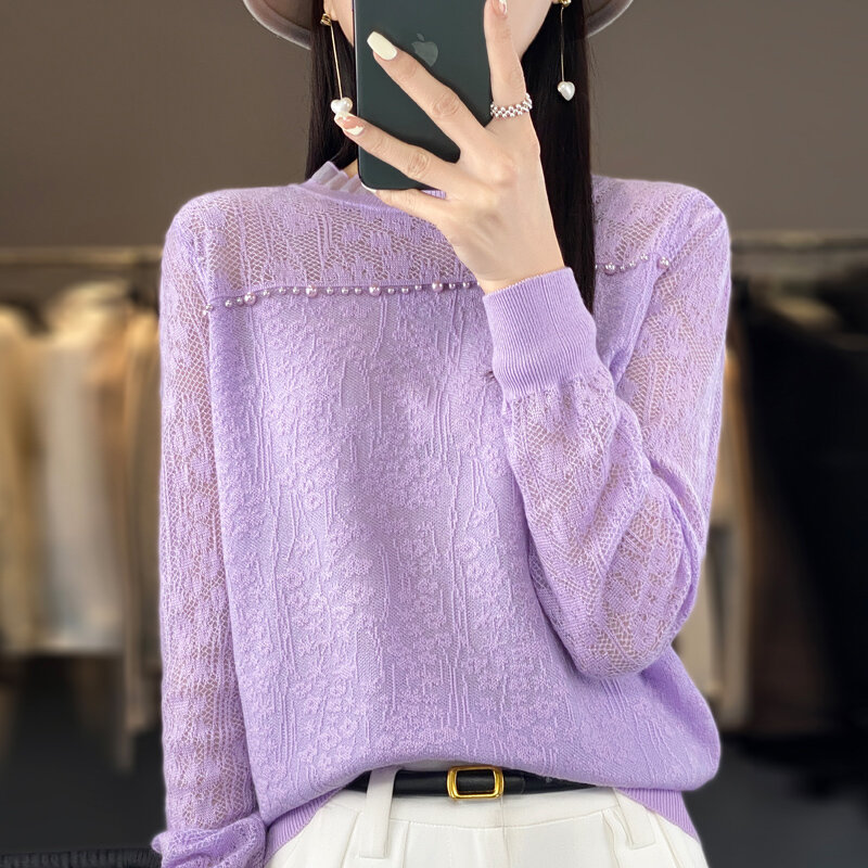 Autunno nuovo maglione di lana da donna girocollo manica lunga tinta unita Hollow Jacquard esplosivo pizzo di perle maglia fondo camicia