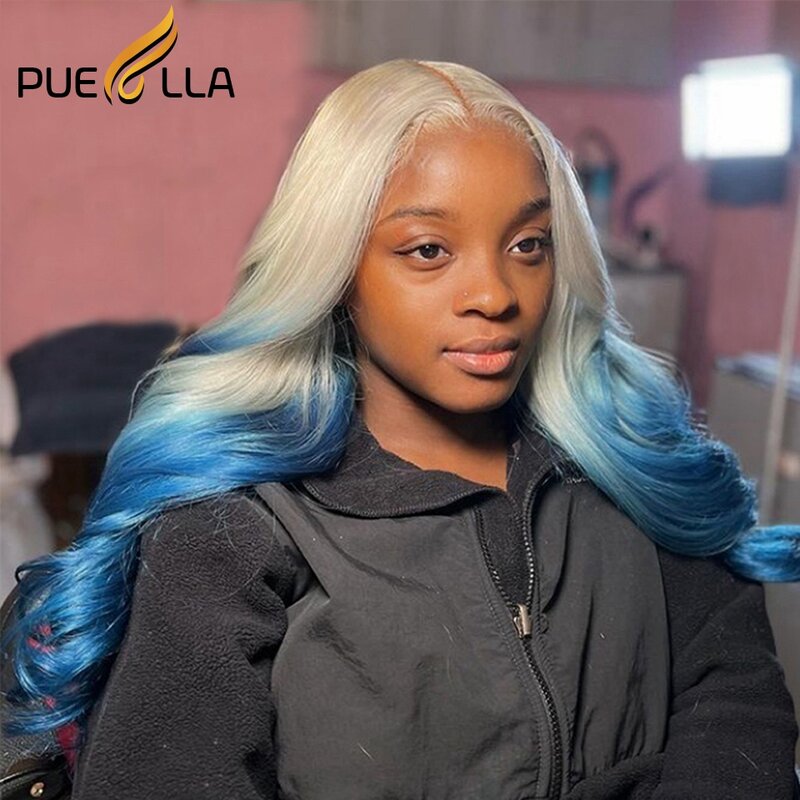 Perruque Lace Closure Wig sans colle naturelle ombrée, cheveux ondulés, bleu platine, 5x5 HD, 13x4, pre-plucked, naissance des cheveux naturelle