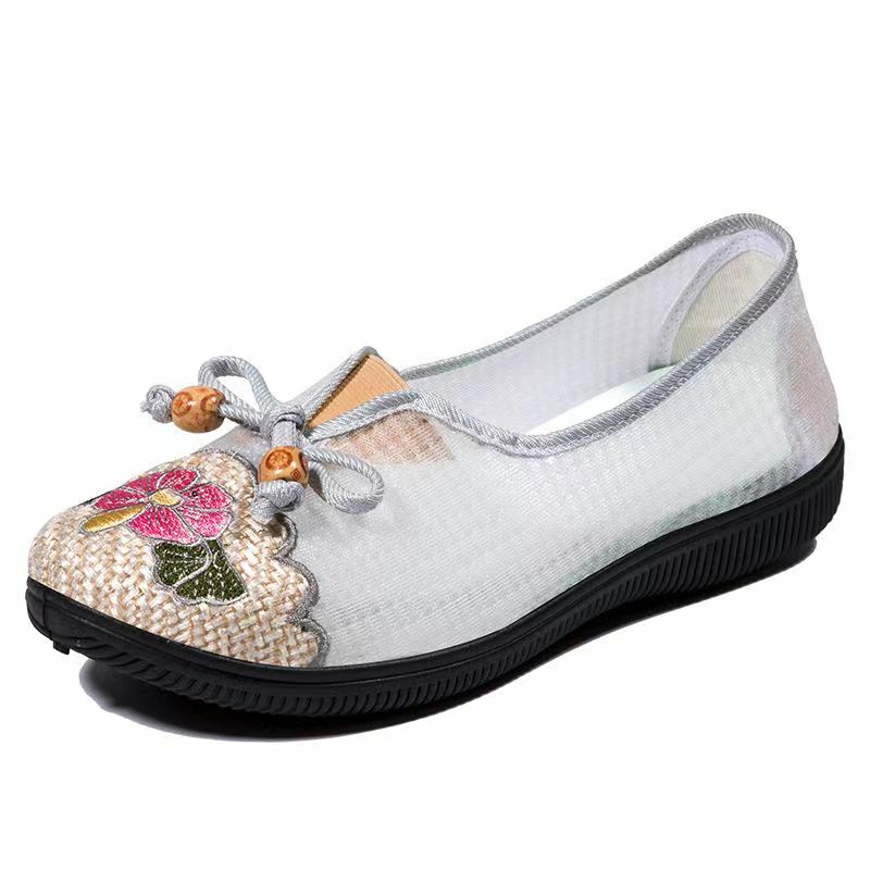 Zapatos informales de suela plana con bordado de malla para mujer, zapatillas transpirables de suela suave, sin cordones, novedad de verano