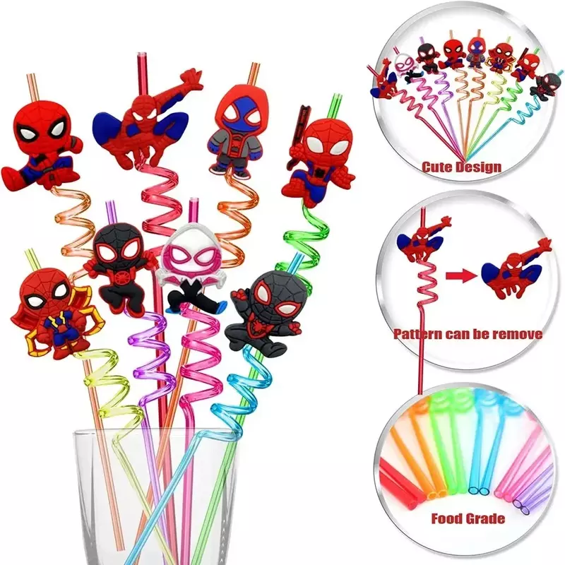 Reutilizável spiderman palha para decoração de festa de aniversário infantil, super heróis, homem de ferro, 8pcs