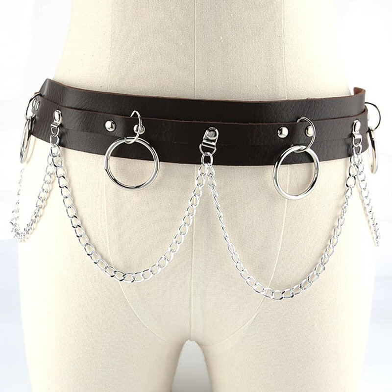 Punk Gothic Faux Leather Belt Metal Chain Ring Waist Strap Street Dance Decor Men Women Waist Belt Clothing Accessories