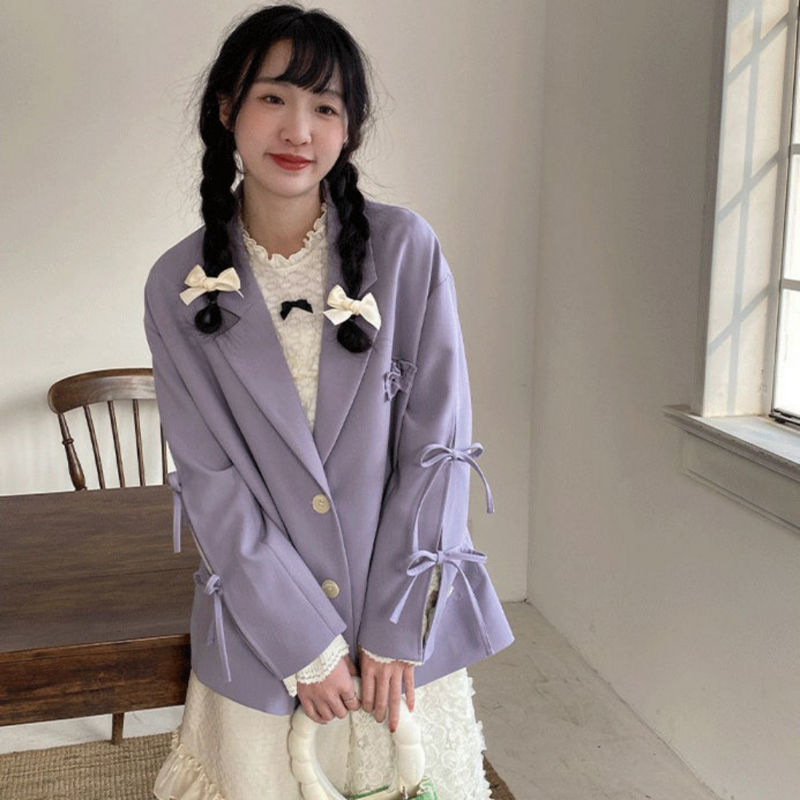 Пурпурные блейзеры для женщин на шнуровке, милый нежный дизайн в стиле преппи, однотонный Универсальный мешковатый женский пиджак для свидания, Корейская женская верхняя одежда