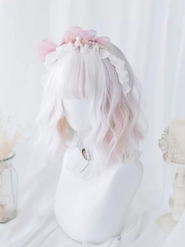 12Inch White Pink Double Color Synthetic Wigs With Bang Short Natural Wavy Hair Wig For Women Cosplay Drag Queen Heat Resistant