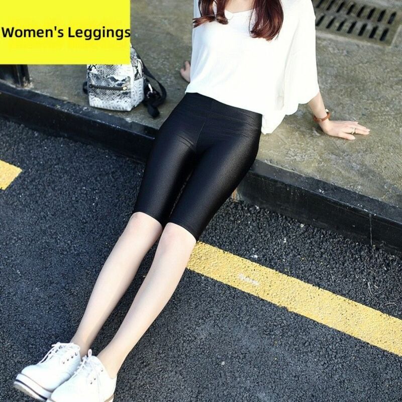 S-5XL Size Spring Summer Autumn Leggings Fashion High Waist Ice Silk Women's Leggings Slim Bright Black Thin Leggings Ladies