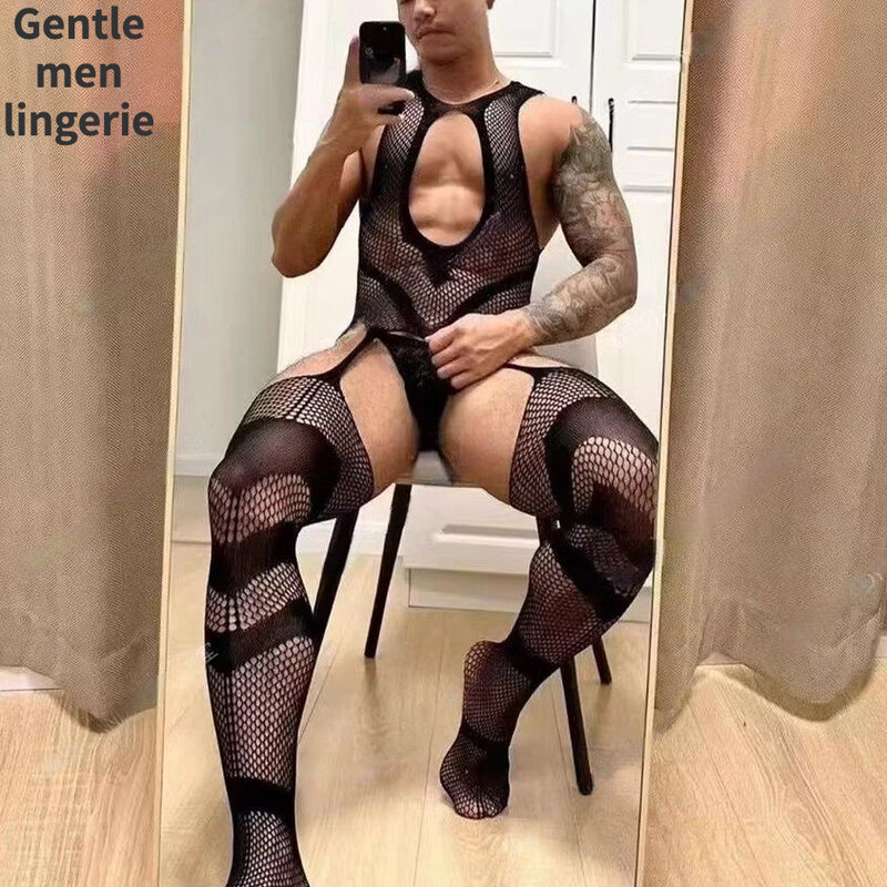 New Male Jumpsuit Young Men's Nightwear Cool Men Sexy Lingerie Fun Erotic Gentlemen Fishnet Sleepwear Plus Size Man's Body Suits