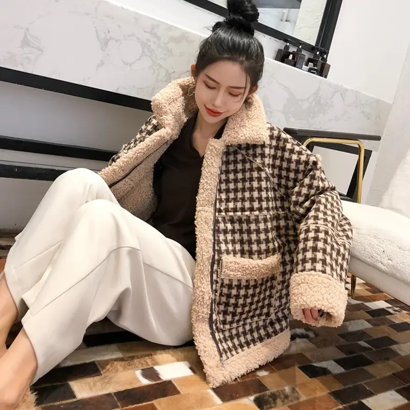 Jaqueta xadrez quente de mangas compridas, casaco feminino, estilo Hong Kong, imitação de cordeiro, roupa de estudante retrô, fina, novo estilo, outono e inverno