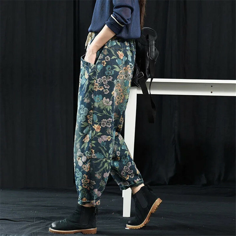 Impressão do vintage denim harem calças das mulheres soltas 2023 primavera outono novas calças de cintura alta das senhoras roupas femininas calças jeans baggy