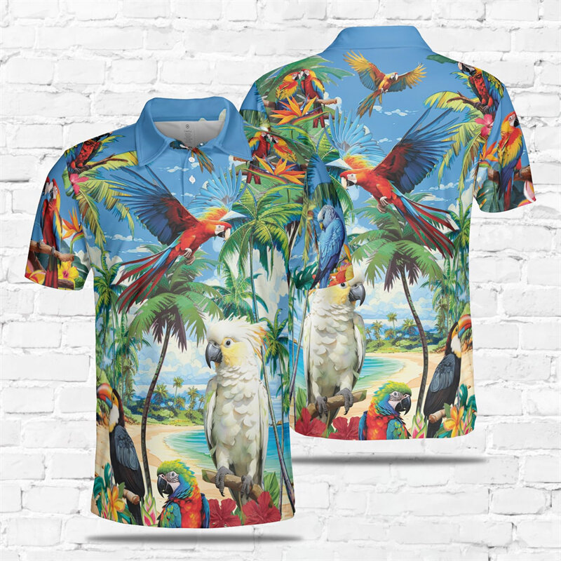 Papagei Vögel Polo-Shirts für Männer Kleidung Sommer Hawaii Urlaub Strand Kurzarm Polo-Shirt tropischen Kakadu Vogel y2k T-Shirts